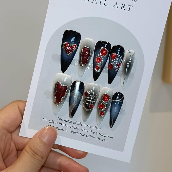 Halloween Vampire Nails,Gothic Press On Nails Long Stiletto With Tools,Black Dark Ombre Fake Nails with Red Gems,10Pcs Hand-Painted Glossy Acrylic Glue on Nails for Women Parties Events(XS)