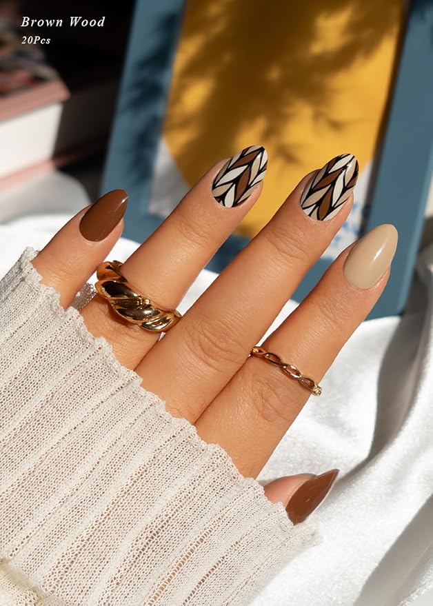 Semi Cured Gel Nail Strips (Brown Wood), 20 Pcs Gel Nail Wraps, Stickers, UV Light Required, Salon Quality, Long Lasting