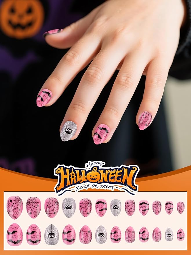 72 Pieces Halloween Press on Nails for Kids, EBANKU Sparkle 3 Pack Kid Fake Nail Kit Cute Ghost Spider Press on Nails for Girls 7-12 Years with Nail Glue