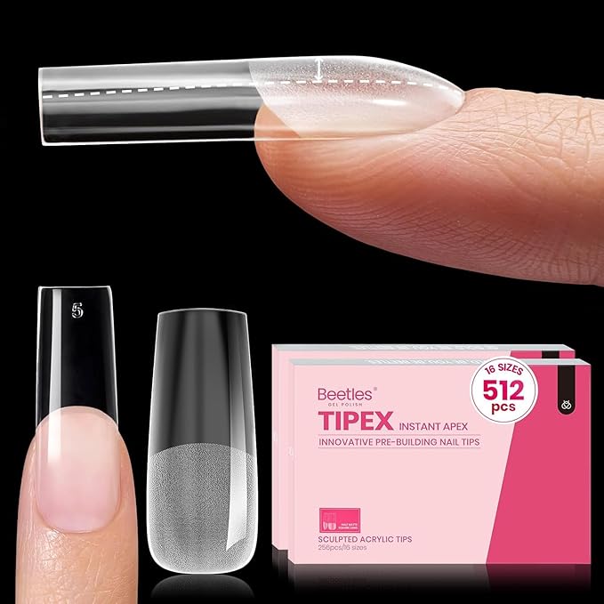 Beetles Tipex Instant Apex Nail Tips Square Long, 512Pcs 16 Sizes Pre-Building & Pre-Etched Gel Nail Tips Thicker Acrylic Nails Strong Full Cover False Nail Extension Press-on Nails