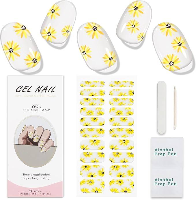 JMEOWIO Gel Nail Stickers Sunflower Daisy Flower Semi Cured Gel Nail Strips Wraps UV/LED Supplies Nails Art Design Decoration Accessories