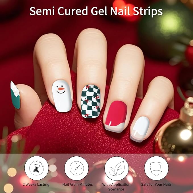 Christmas Semi Cured Gel Nail Strips, 28 pcs Gel Nail Stickers Christmas Tree Snowman Work with Any UV Lamps, Long-Lasting Nail Art Wraps Polish Elk, Salon-Quality, Easy to Apply