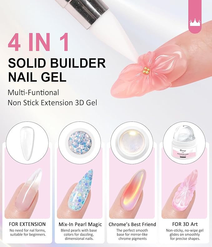 Solid Builder Gel and Chrome Nail Powder Kit BISHENGYF: 4 In 1 No Wipe 3d Sculpting Nail Gel Aurora Pink White Pearl Chrome Nail Powder Clear Non-Sticky Hand Extension Glue for Nail Decoration 30g