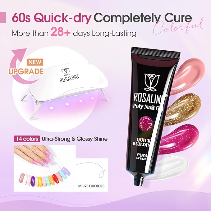 ROSALIND Poly Nail Gel Colors Kit -14 Colors +72 Nail Art Accessories Glitter Poly Nails Gel Kit Starter Kit with Mini UV Lamp Slip Solution Nude Pink Poly Art for Beginners with Everything