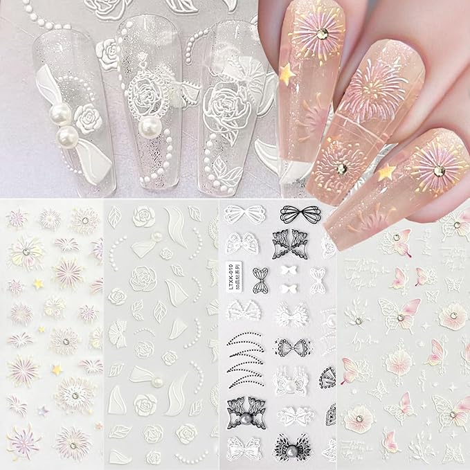 Zoance Nail Art Stickers Luxury Rhinestones Pearls 5D Embossed Customized Nail Decals, Self-Adhesive Flowers Butterflies Design Nail Stickers for Women Girls Salon Home DIY Nail Decoration Accessories