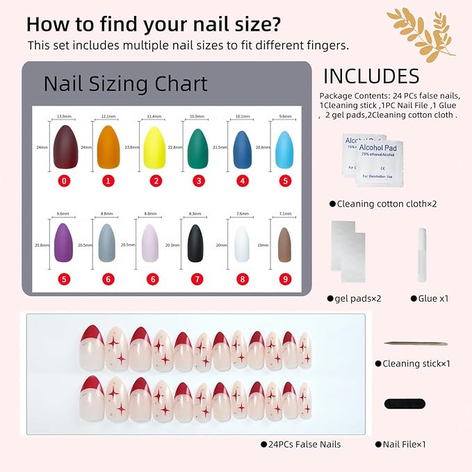 24 Pcs Press On Nails, Red Star & Red Tip Design, Almond Shape Fake Nails with Glue,Easy Application Manicure Set for Work, Party & Daily Use, Perfect for Women and Students