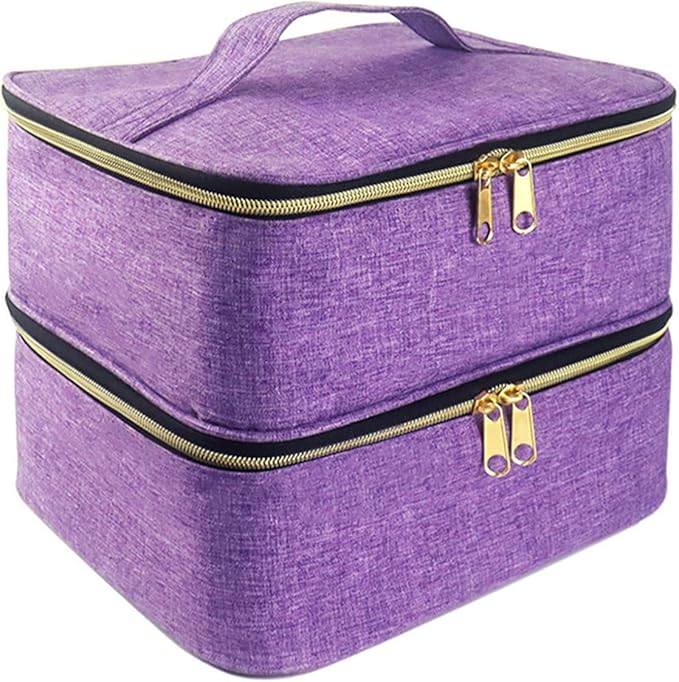 Meichoon Essentials Nail Polish Carrying Organizer 2 Layers Storage Holder Case with Adjustable Bottle Compartment 30 Bottles of Gel lamp and Manicure Tools Large Makeup Bag Travel Purple