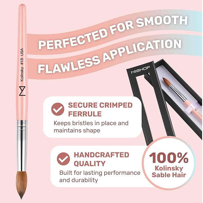 M – Majesti Pink 100% Kolinsky Acrylic Nail Brush | Professional Acrylic Sculpting & Application Brush | Handcrafted Premium Nail Art Tool for Nail Technicians (#18)