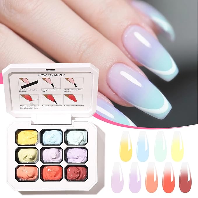 Ombre Gel Nail Polish with Nail Art Sponges for Pat Gel Ombre Color Palette Blush Effect Pat Painting Gradient Blooming Gels 9colors for Ombre Nails Multistyle French Manicure DIY