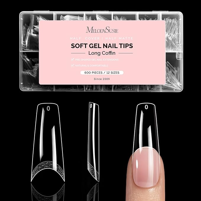 MelodySusie Long Coffin X Nail Tips - 600Pcs 12 Sizes Clear Acrylic, Half Matte Half Stick Press on Nails for DIY Extension & Salon Use, Pre-Shaped for Long-Lasting Manicure,Fall Winter Nails