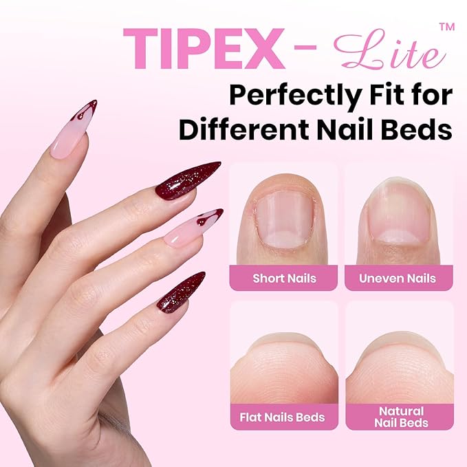 Beetles Tipex Lite Apex Nail Tips Kit, Stiletto Medium,192pcs 16 Sizes, with UV Nail Glue, Base & Top Coat, Mini Nail Lamp, Nail Clipper & Cuticle Nipper, Pre-Building Pre-Etched