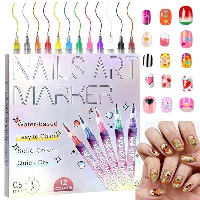 12 Colors Nail Art Pens Set,Upgrade 0.5mm Fine Tip Nail Polish Pens Set,Quick-dry Waterproof Drawing Painting Pens, Portable Nail Art Tools for Home Salon and DIY Nail Art