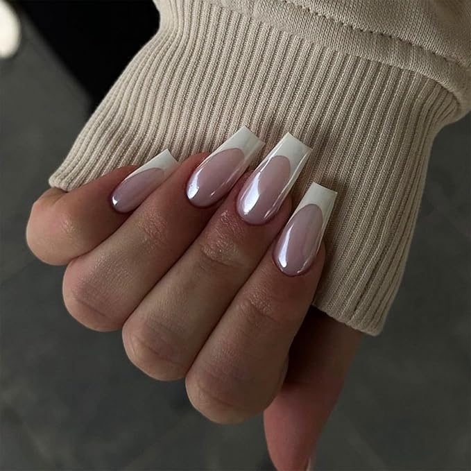 French Tip Press on Nails Medium Square Fake Nails Chrome Mirror False Nails Press ons Glossy Glue on Acrylic Nails for Women Manicure Decoration 24Pcs