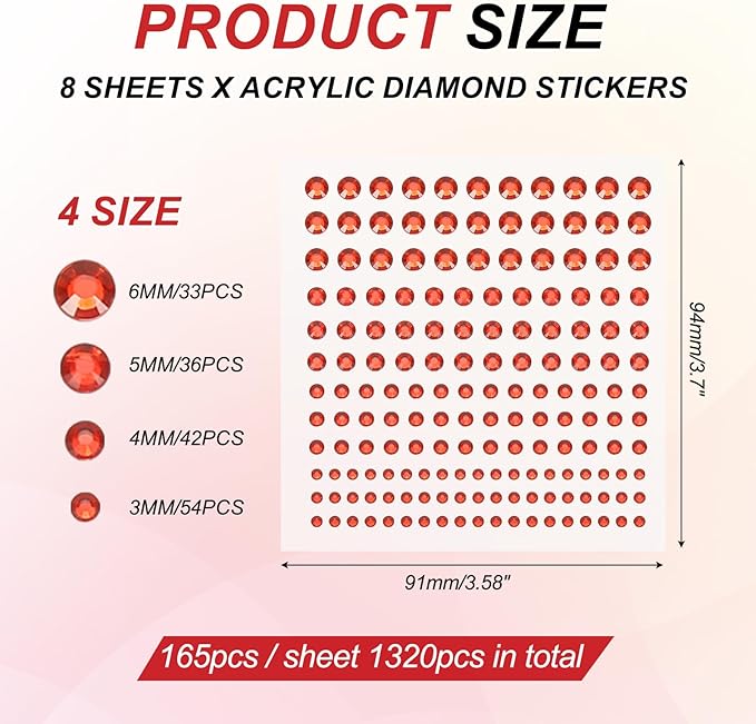 PATIKIL 1320 Pcs Acrylic Gem Sticker, 4 Size 3/4/5/6mm Self Adhesive Rhinestones Face Gem Stones Bling Jewelry for Nail Art Craft Clothes DIY Makeup Decoration Party, Red