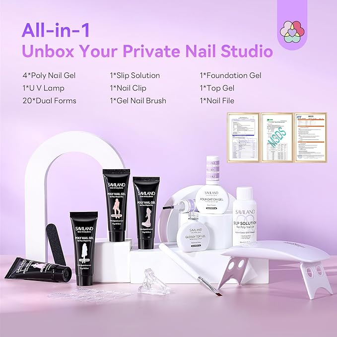 SAVILAND Hema-Free Poly Gel Nail Kit: 4 Colors Natural Clear Poly Gel Nail Colors with Mini U V/LED Lamp Slip Solution Quick Dry Nourish Nails 28 Days Durable for Gifts Daily Salon Home Nail Art DIY