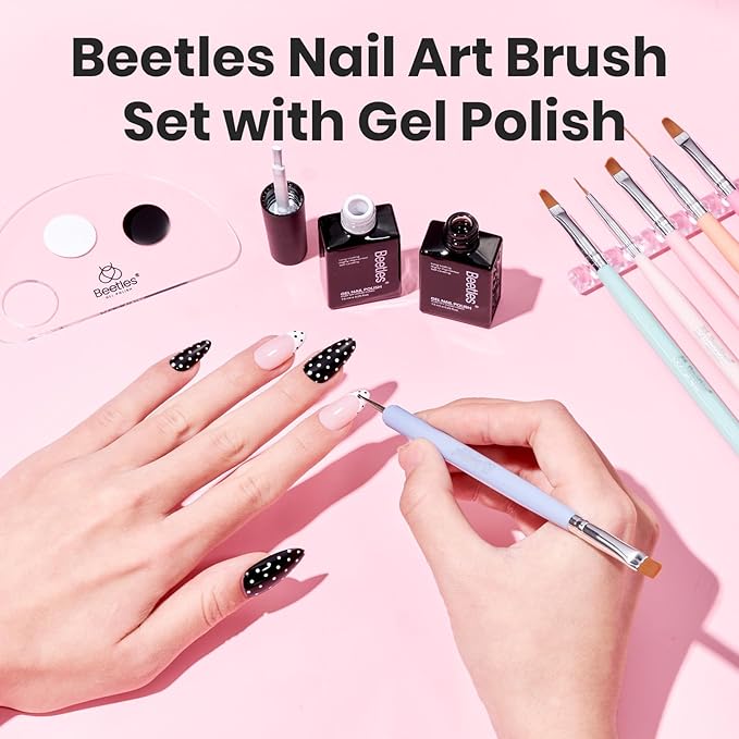 Beetles White Gel Nail Polish Black Gel Polish with Nail Art Brushes Set, 6 Pcs Nails Art Pens Dotting Pen Clean Up Liner French Nails Tools with Palette Brush Holder DIY Manicure Design Set