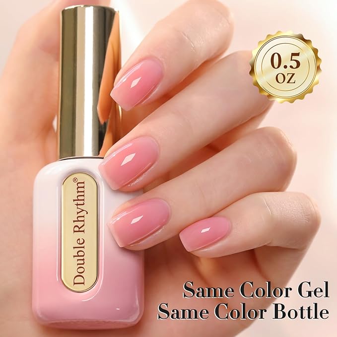 Double Rhythm 0.50 OZ Gel Polish Hema Free Same Color Same Bottle Golden Round Translucent Neutral Natural Milky 15 ML Jelly UV Polish Art DIY at Home (Jelly Pink-C1401)