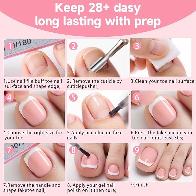 Toe Press On Nails, 240Pcs White French Press On Toenails Kit, Nude Square Pre-Designed Soft Gel False Toenail Extension, 12 Size Full Cover Fake Toenail Press Ons for Women