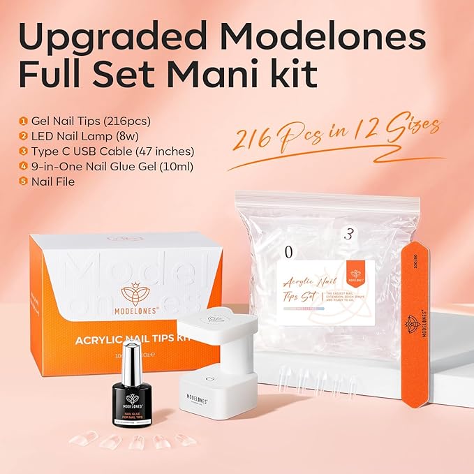 modelones Medium Square Gel Nail Tips Kit, 9-in-One Nail Glue with Portable U V Lamp 216Pcs 12Sizes Pre-Etched Press ons Fake Acrylic Extension Kit DIY Salon Gift for Women