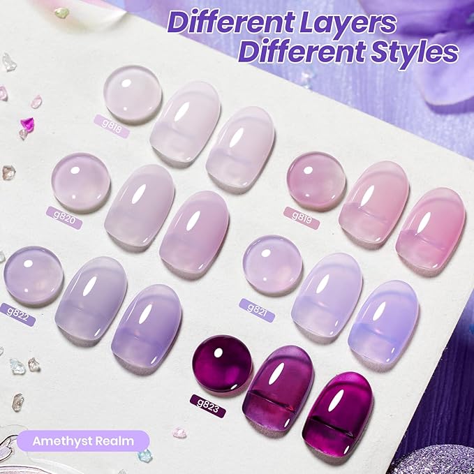 Beetles Amethyst Realm Jelly Purple Gel Nail Polish Set - 6 Colors Spring Gel Polish Kit Jelly Purple Sheer Translucent Effect Soak Off UV French Nail Art Salon DIY Manicure Gift for Women