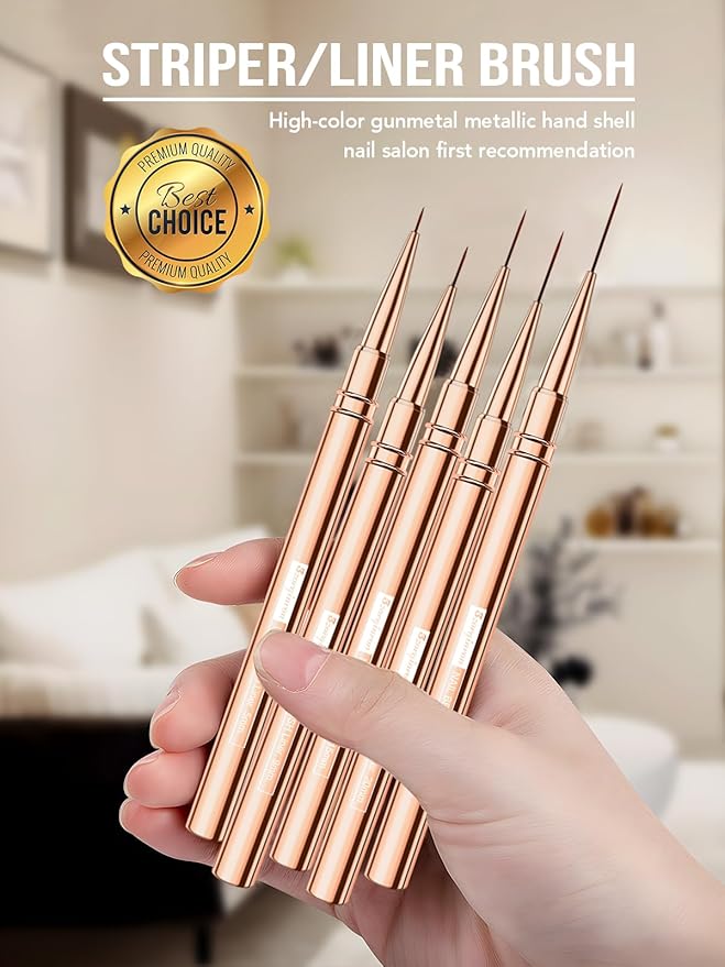 Nail Liner Brush, Fine Line Nail art Brushes 5/9/15/20/25mm Thin Line Nail Brushes Detail Drawing, Liner Brush for Nails Gel (Rose Gold)