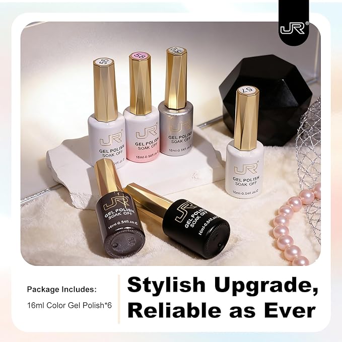 JR Gel Nail Polish Set, 16ml Full Size Bottle 6 Colors Milk White Pink Black 9D Cateye Glitter Nail Gel Polish Gift Soak Off Led Nail Art Kit Salon DIY Colorful Bottle J