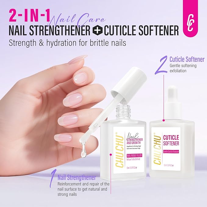 CHUCHU Nail Repair and Cuticle Remover Set: 2pcs 15ml Clear Nail Strengthening Polish for Peeling Thin Nails Women Home Salon Routine