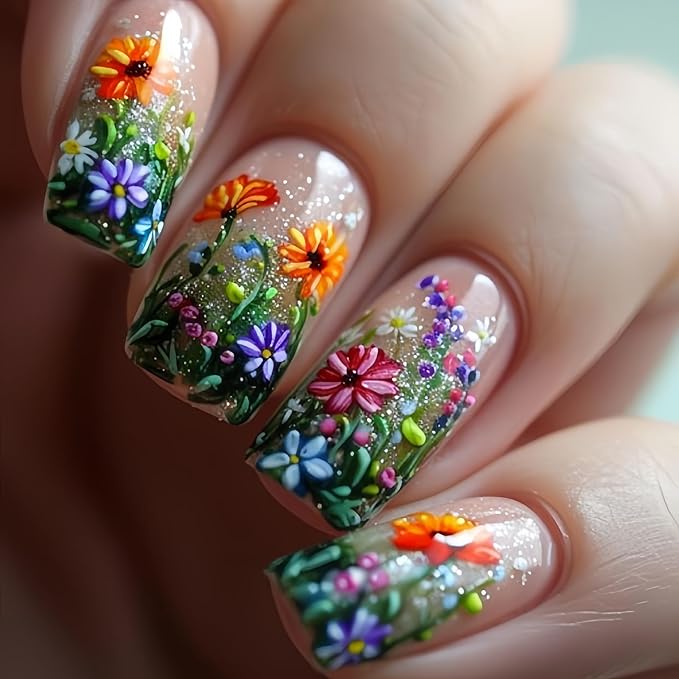 Flower Press on Nails Medium Square Fake Nail with Flower Designs Colorful Flowers Acrylic Nail Nude Pink Glossy Stick on Nails Floral False Nail for Women Girls 24Pcs