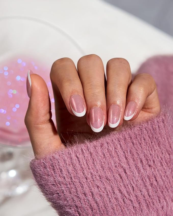 BTArtboxnails XCOATTIPS French Tip Press On Nails - Pink Glitter Base Short Oval Press On Nails, 96 Pcs Salon Quality Soak Off Soft Gel Nail Tips Extension in 16 Sizes