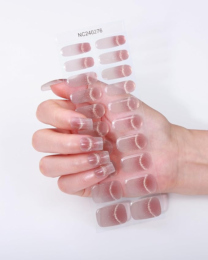 Semi Cured Gel Nail Strips - 20pcs Glaze Gel Stickers, Salon Quality DIY Wraps, Easy to Apply, UV Light Required
