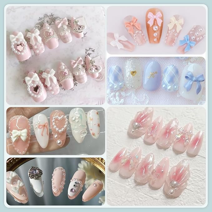 600 Pcs 3D Cute Nail Charms and Flatback Pearls Set 3, Pink&White&Black Nail Bows + Pink&White Star Heart Cute Nail Jewels + 2-4mm White Nail Pearls for Nail Art DIY Decoration with Pickup Tools