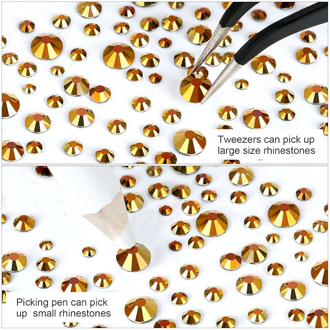 4240Pcs Gold Flatback Rhinestones 6 Sizes Crystal Diamonds for Nail Art Crafts Clothes Shoes with Tweezers and Picking Pen