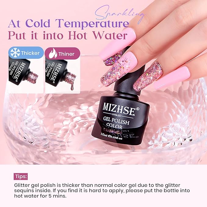 MIZHSE Glitter Gel Nail Polish Pink Sparkly Diamond Holographic Effect Soak off UV LED Gel Polish Chunky Gels Home DIY Salon Nails Art Design