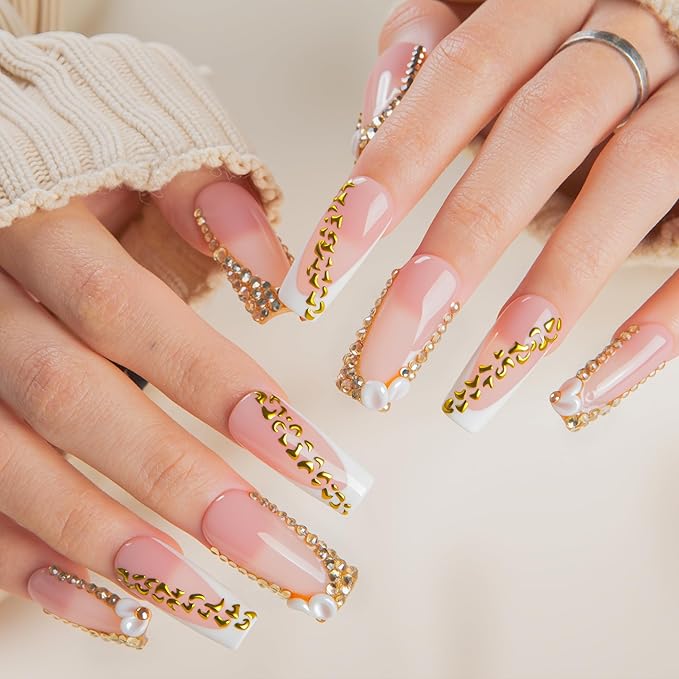 LOVFUL Short French Tip Press on Nails Gold Crystal | Handmade Acrylic Press ons| Reusable Fake False Nails | Square Classic Regular 1.3in | H706-M