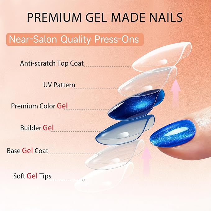 Cat Eye Press on Nails Short, Chrome Press on Nails Oval, Thick Glazed Virant Royal Blue Fake Nails Press ons for Women, Reusable Magnet Bling Glitter Glue On Nails Almond in 15 Sizes, 30 Pcs