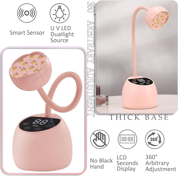 U V LED Nail Lamp, 36W Mini Cordless Gel x Nail Lamp Flash Cure, Auto Sensor Gooseneck Portable USB Gel Nail Dryer U V Light with 3 Timers and LCD Display for Home DIY, ML-10007