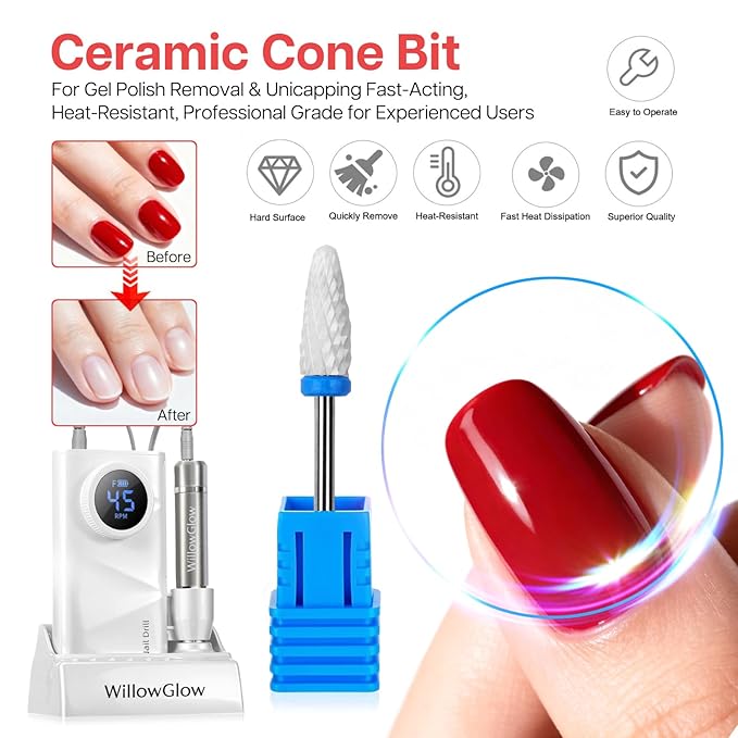 Professional Nail Drill with Charging Dock & Ceramic/Tungsten Bits, 45000RPM Stepless Speed Cordless Efile for Fast Acrylic Gel Removal, Electric Nail File Machine for Home Salon Use (White)