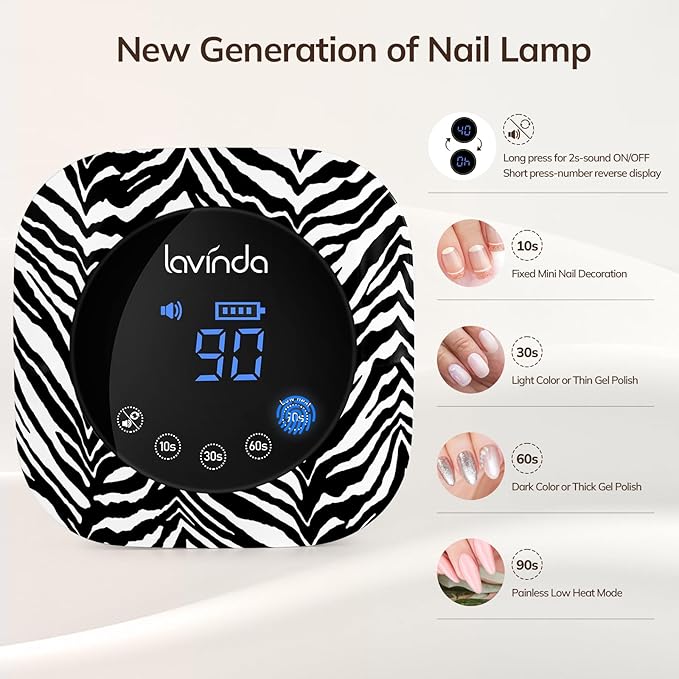 Lavinda UV Light for Gel Nails 54W UV Nail Lamp Cordless Rechargeable Nail Light with 4 Timer, 2X Faster Nail Polish Curing Lamp Nail Dryer for Salon Use-Zebra Pattern