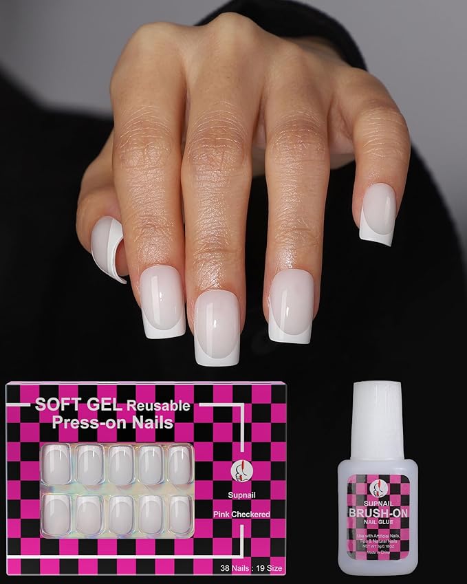 Press on Nails,French tip Short Square, 19 Sizes, 38 Pieces,Fake Nails with Brush-on Glue & Adhesive Tabs (White French Tip)