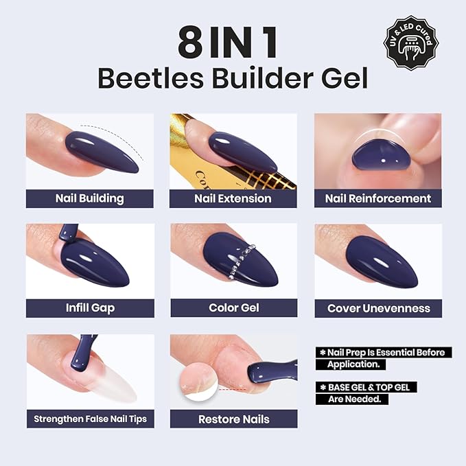 Beetles Builder Gel for Nails-Indigo Nocturne 0.5 oz 8 in 1 Nail Thickening Strengthening Building Apex for Beginner DIY Salon at Home, Deep Blue Gel Builder for Stpatrick Nails,UV & LED Lamp Needed