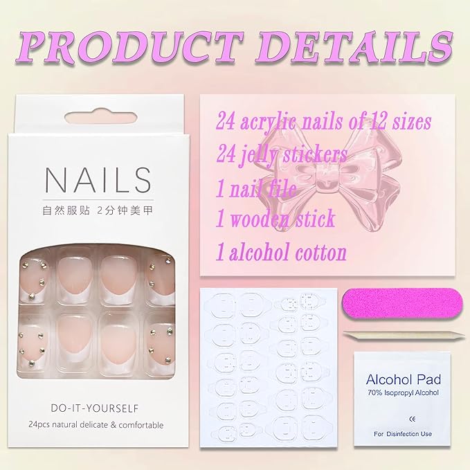 Press on Nails Extra Short Square MABKJLF French Tip Fake Nails Full Cover Glue on Nails Rhinestones False Nails White Acrylic Press on Nails Stick on Nails Artificial Nails for Women Girls 24 Pcs