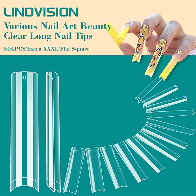 LIONVISON 504PCS NO C CURVE Clear Nail Tips for Acrylic Nails Professional, 3XL Extra Long Flat Tapered Square Nail Tips, 12 Sizes Half Cover Straight French Fake Nail Tips for Nail Salons (With Bag)