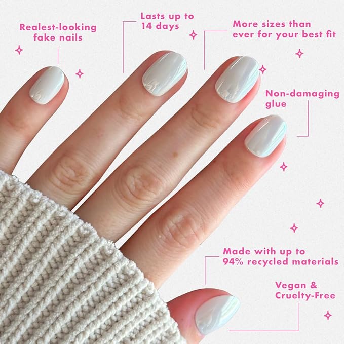 Olive & June Instant Mani Press-On Nails (Glue) | 42 Fake Nails, 21 Sizes | Non-Toxic Long-Lasting Recycled Materials Realistic Look | Salon-Quality at Home | Extra Short, Round | White Chrome
