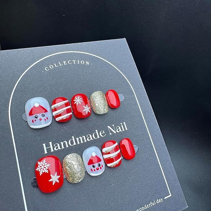 100% Handmade Press on Nails Short Square Handmade Nails with Red Christmas Hat Design Christmas False Nails Snow Stripe Nail Press ons Gold Glitter Holiday Fake Nails for Women Girls Size M 10Pcs