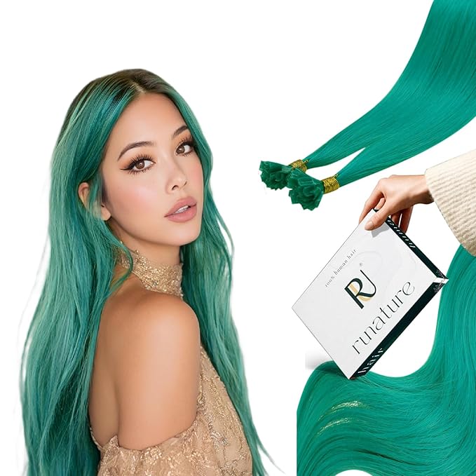 RUNATURE U Tip Hair Extensions Human Hair 16 Inch Teal Hair Extensions Colorful Highlight Party Utip Extensions Silky Straight Hot Fusion Real Remy Hair Long Lasting 20g 25s