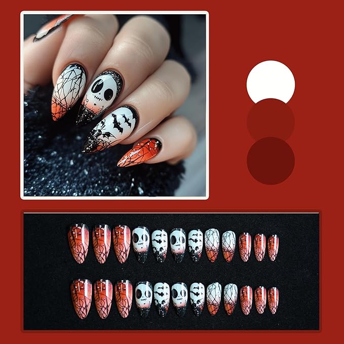Halloween Glossy Press on Nails, Almond Fake Nails, False Nails with Bat Ghost Designs, Full Cover Acrylic Stick on Nails for Women Girls 24Pcs