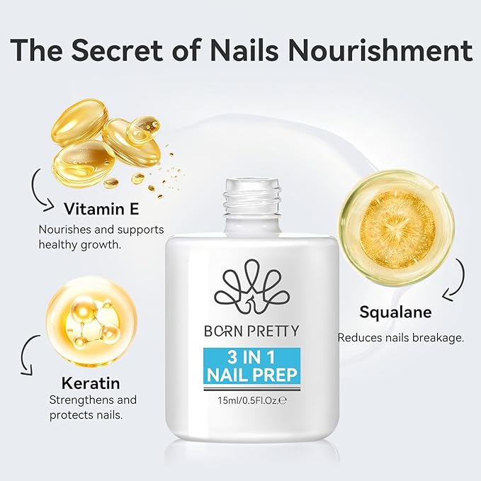 BORN PRETTY 15ML Nail Dehydrator and Nail-Primer,3-in-1 Nourishing Prep for Nails Glue Acrylic & Gel Nails,Fast Dry Superior Bonding Agent Supplies Professional Salons