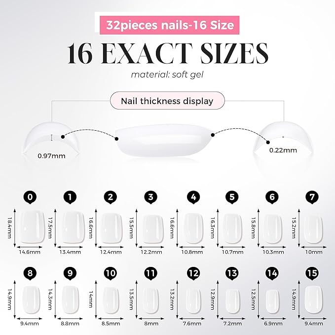 UNA GELLA Soft Gel Press on Nails - 32 Pcs 16 Sizes Glossy Milky White Short Square Fake Nails with Glue & Adhesive Tabs, Reusable Full Cover False Nails Kit, Salon Quality DIY Manicure Set
