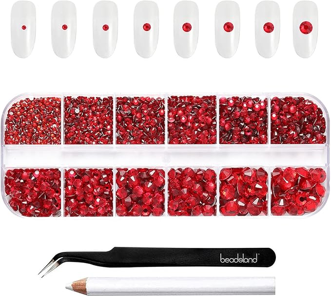 Beadsland Rhinestones for Makeup,8 Sizes 2500pcs Red Flatback Rhinestones Eye Gems for Nails Crafts with Tweezers and Wax Pencil,Siam,SS4-SS30