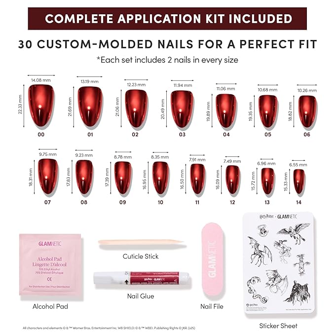Glamnetic Press On Nails x Harry Potter™ - Godric Gryffindor™ | Short Almond Fake Nails with Red Metallic Chrome & Gradient Underside, Officially Licensed | 15 Sizes - 30 Nail Kit with Glue